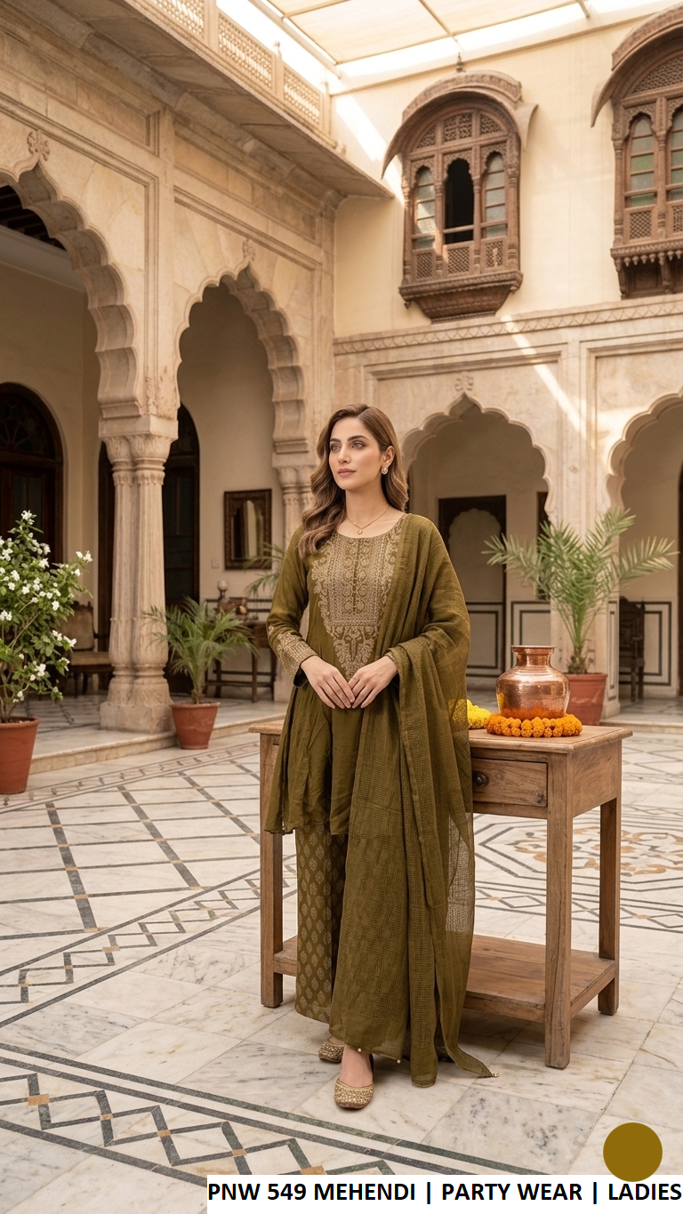 Chiffon short frock mehendi green - Pakistani women's casual party wear with viscose trouser and chiffon dupatta front view
