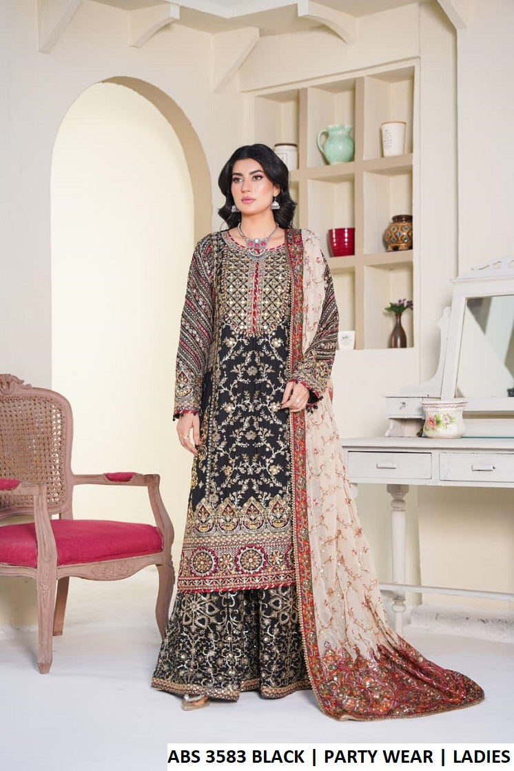 ABS 3583 BLACK - Black Chiffon 3-Piece Women's Plazo Suit Pakistani Fashion