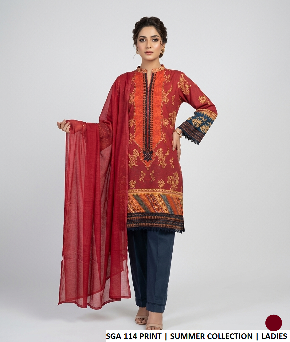 Lawn A-Line shirt SGA 114 PRINT - Pakistani women's casual summer outfit with cotton trouser and lawn dupatta front view