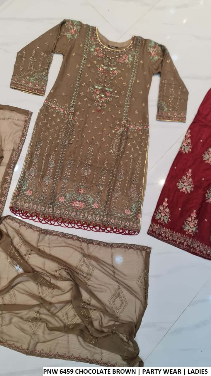 Pakistani women's brown chiffon straight shirt plazo back view