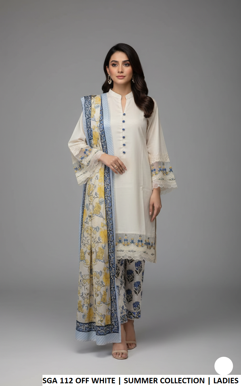 Lawn straight shirt plazo off white - Pakistani women's casual summer outfit with lawn dupatta front view