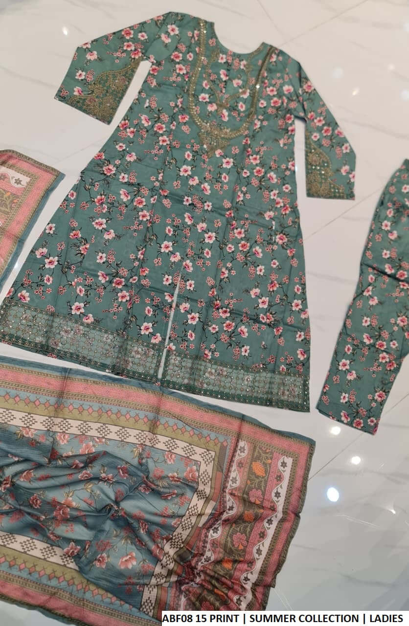Pakistani women's cotton long frock printed casual outfit back view
