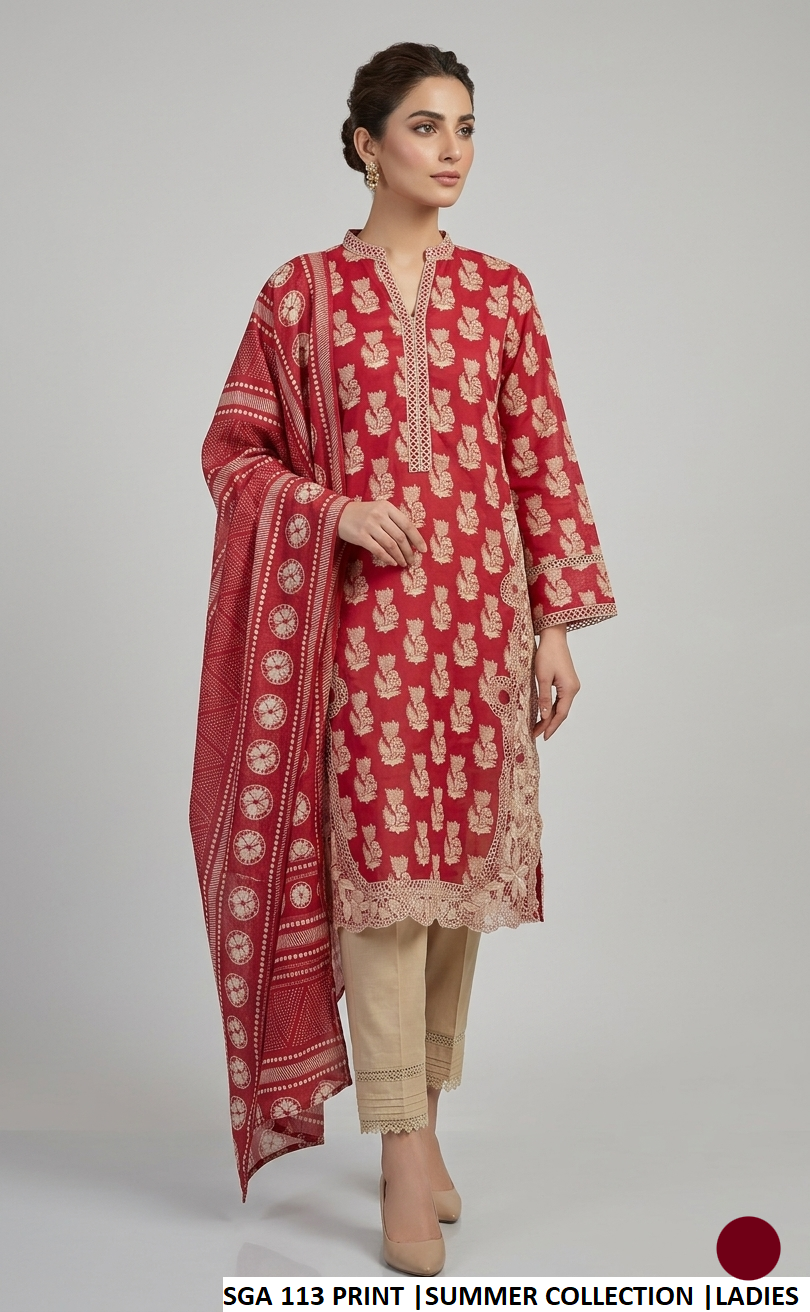 Lawn A-Line printed shirt - Pakistani women's casual summer outfit with cotton trouser and lawn dupatta front view