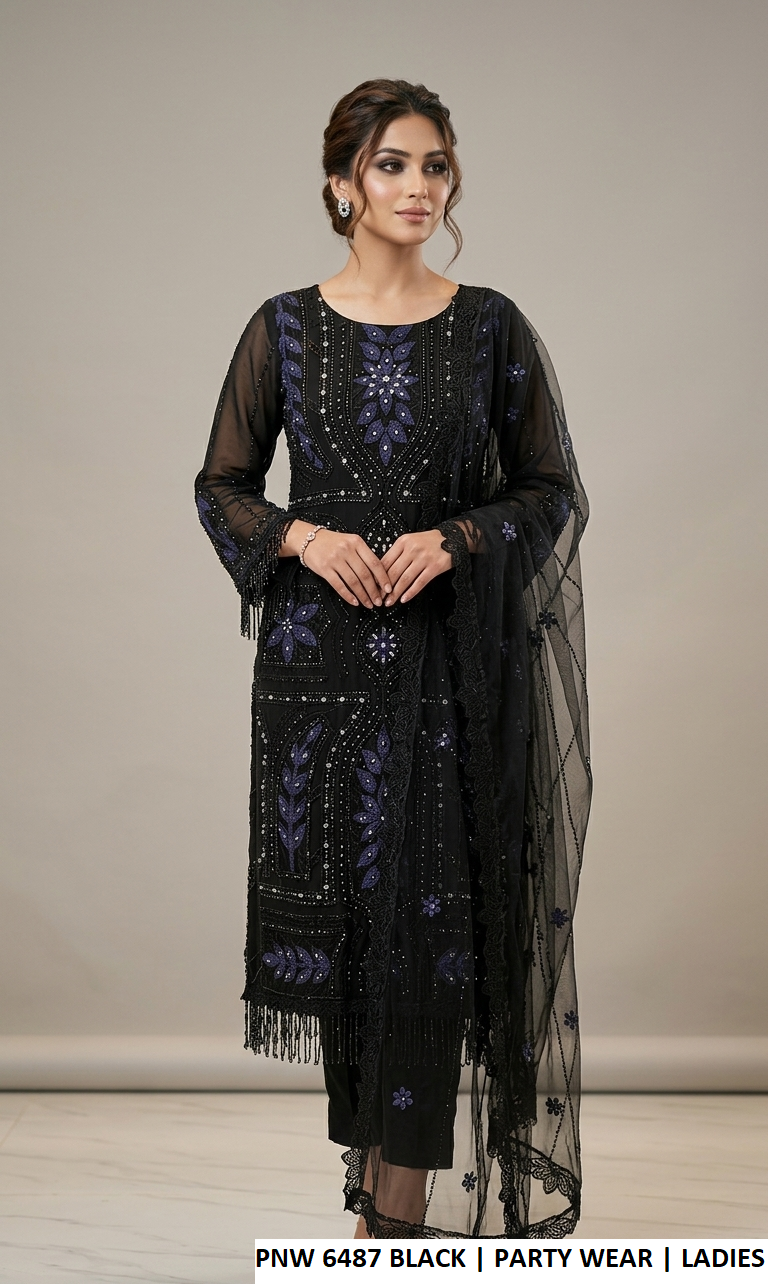 PNW 6487 BLACK - Black Chiffon Straight Plazo 3-Piece Women's Pakistani Suit