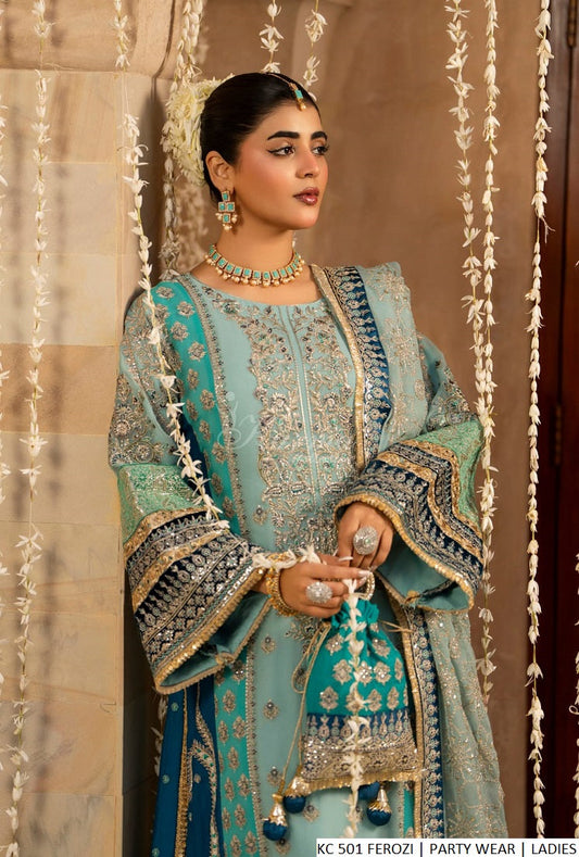 Ferozi chiffon Pakistani women's long shirt side view