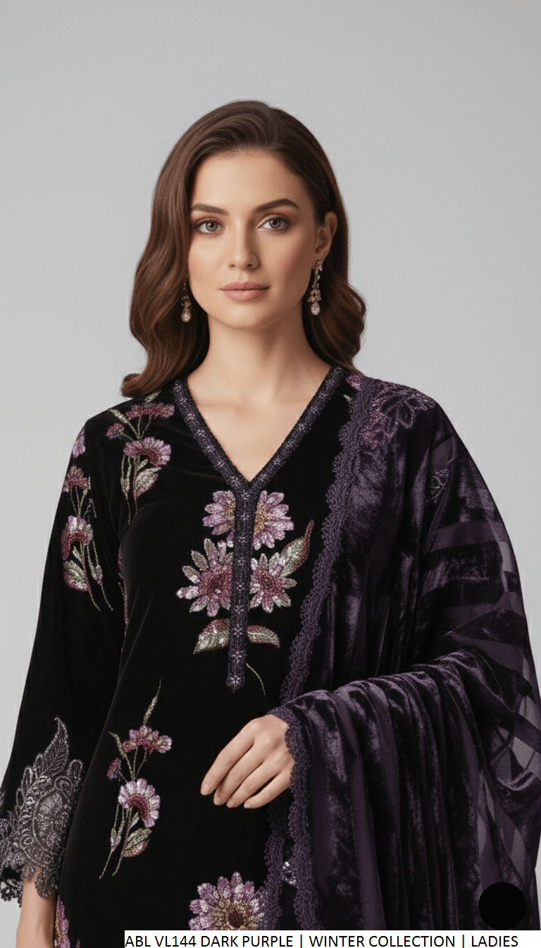 Dark purple velvet Pakistani women's A-Line shirt side view