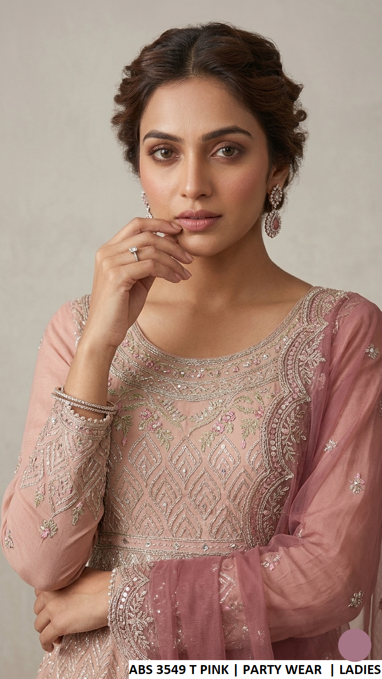 ABS 3549 TEA PINK - Tea Pink Chiffon Peplum 3-Piece Women's Pakistani Suit