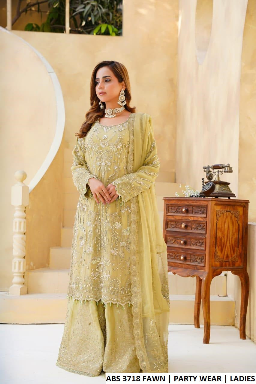 Chiffon shirt plazo fawn - Pakistani women's elegant casual outfit with viscose trouser and chiffon dupatta front view