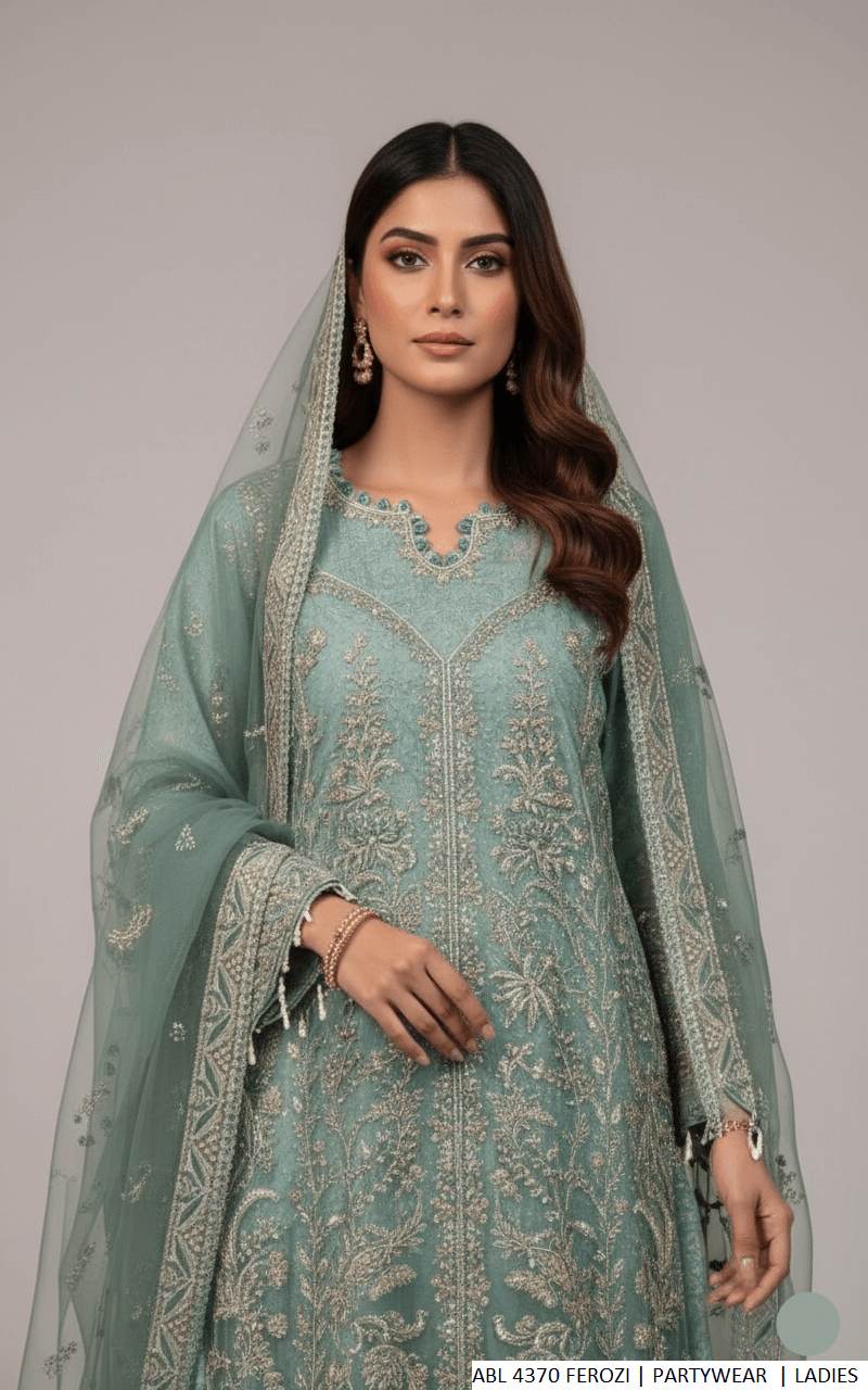 Ferozi organza Pakistani women's long frock side view