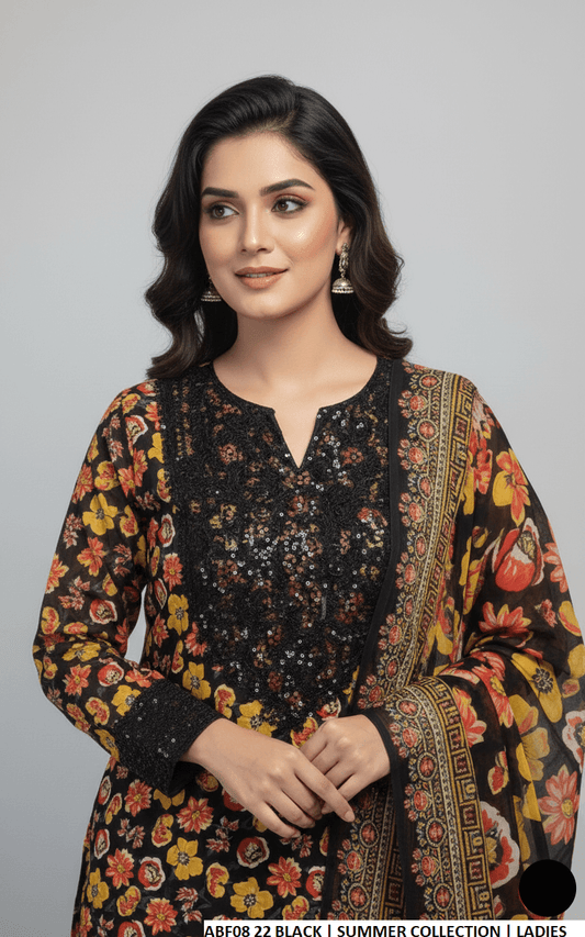 Pakistani women's lawn long frock plazo printed side view