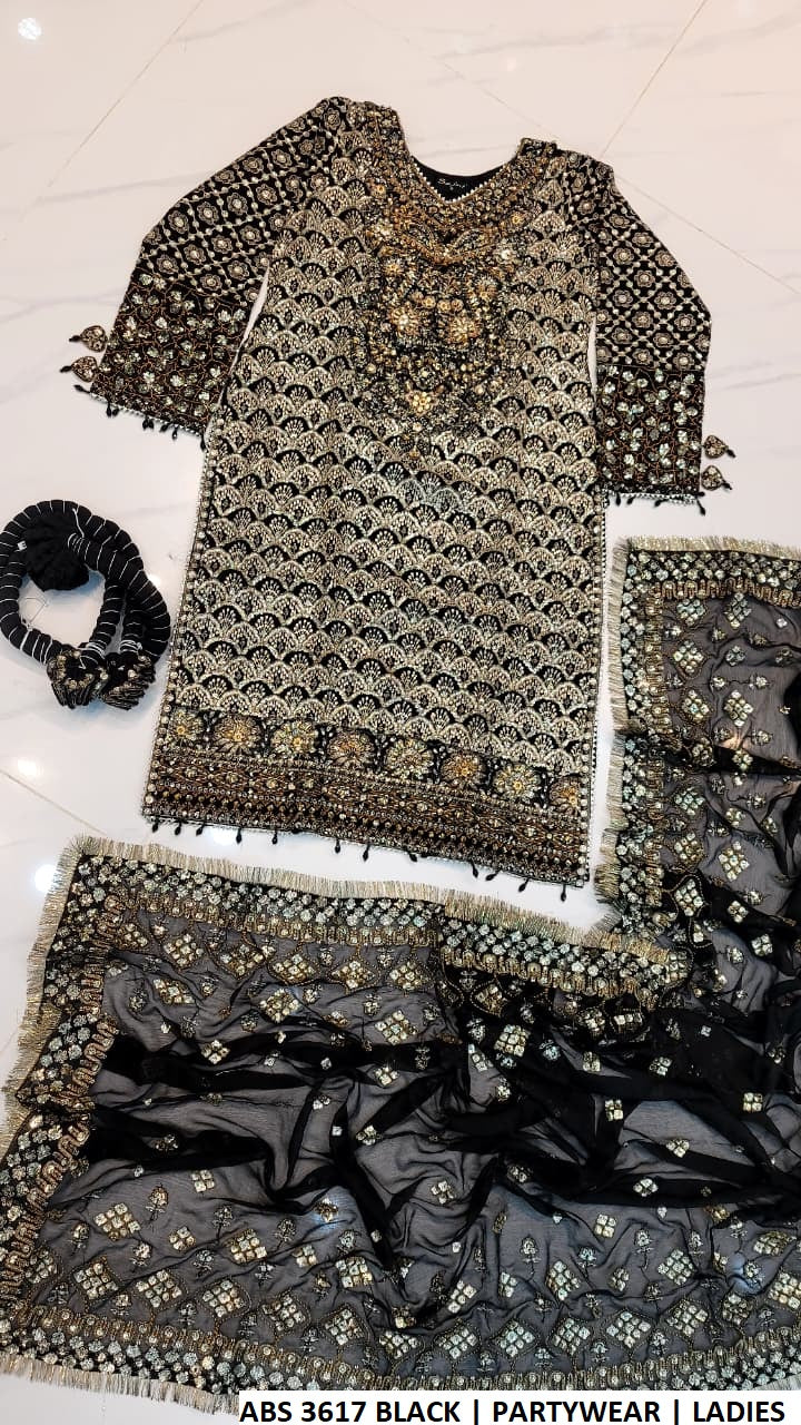 ABS 3617 BLACK - Black Chiffon Straight 3-Piece Women's Pakistani Suit