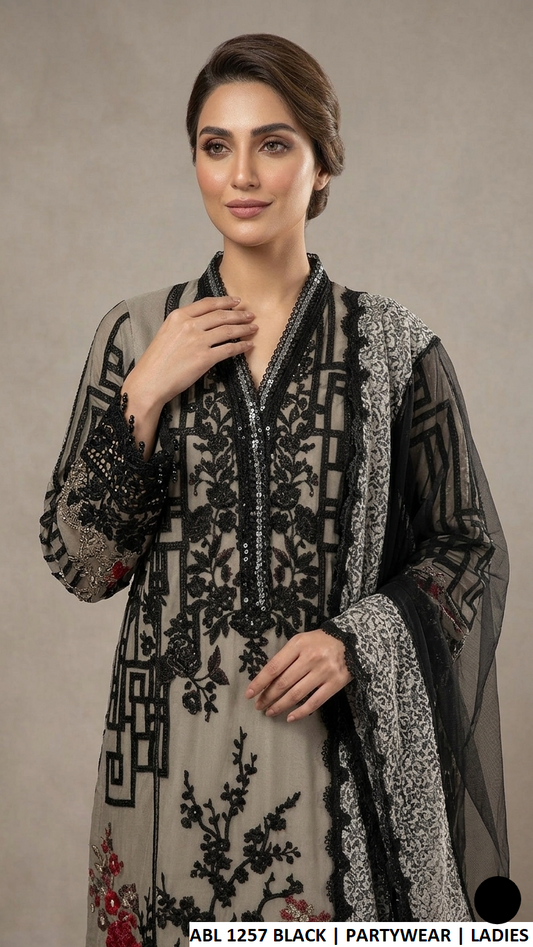 Black soft net Pakistani women's straight shirt with digital printed trouser side view