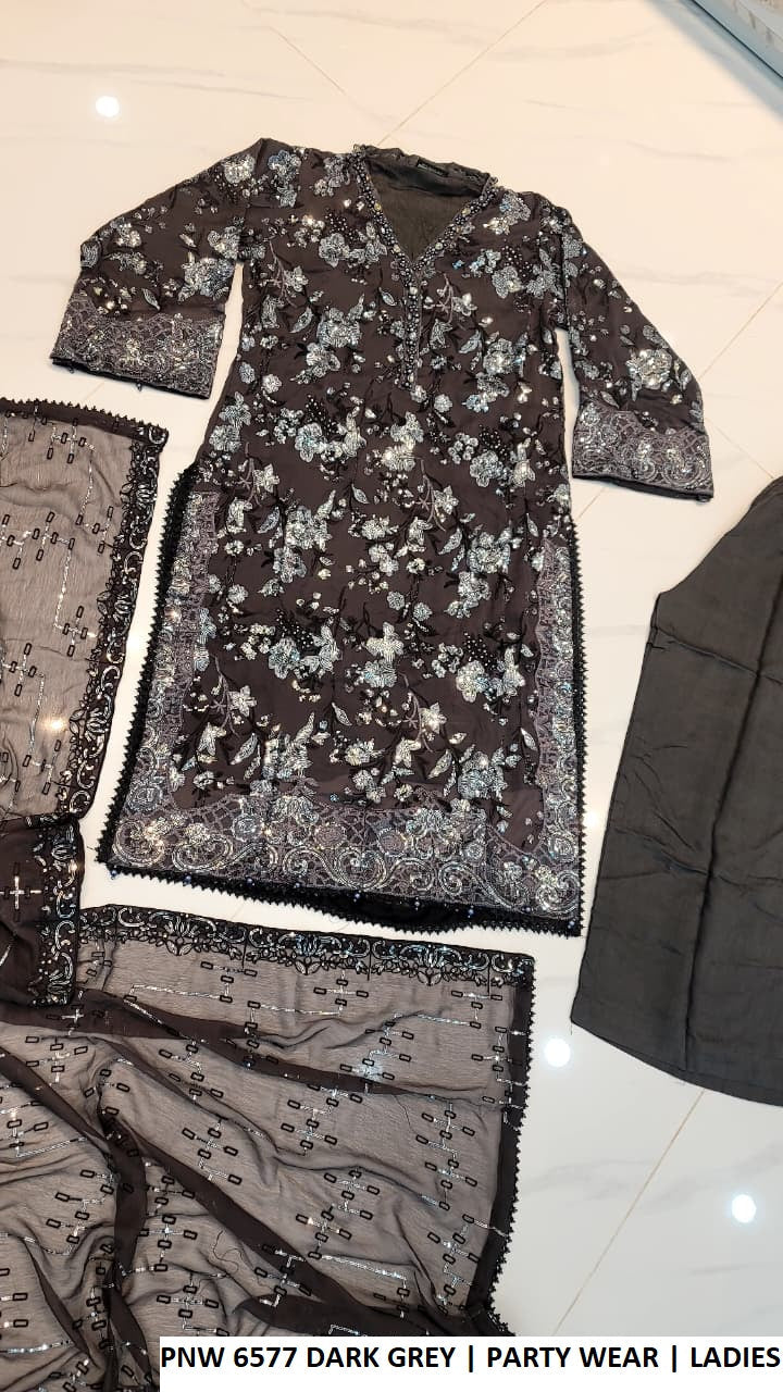 PNW 6477 DARK GRAY - Dark Gray Chiffon Straight Plazo 3-Piece Women's Pakistani Suit