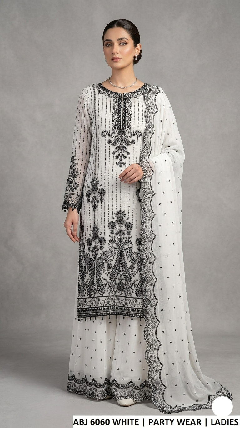 Soft chiffon straight shirt plazo white - Pakistani women's elegant formal wear with chiffon trouser and dupatta front view
