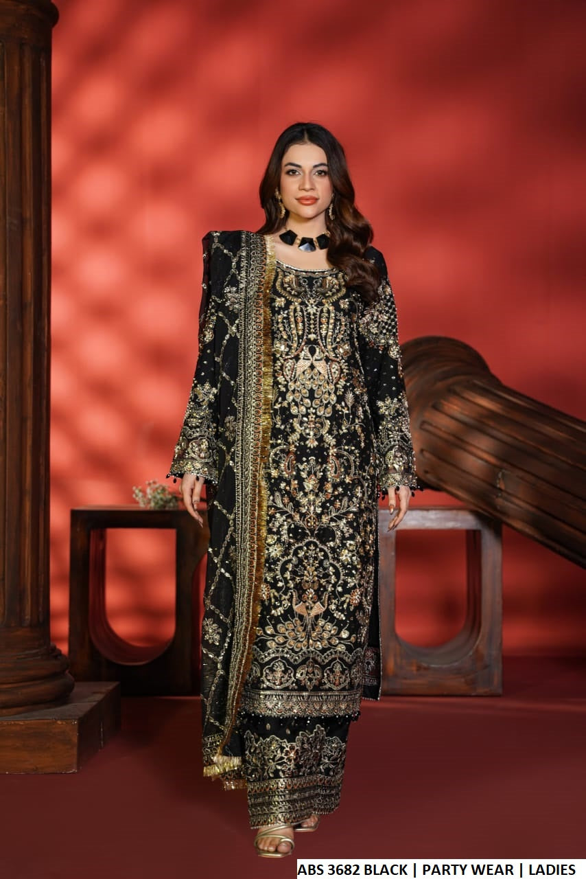 Chiffon straight shirt shalwar black - Pakistani women's elegant formal wear with viscose shalwar and chiffon dupatta front view