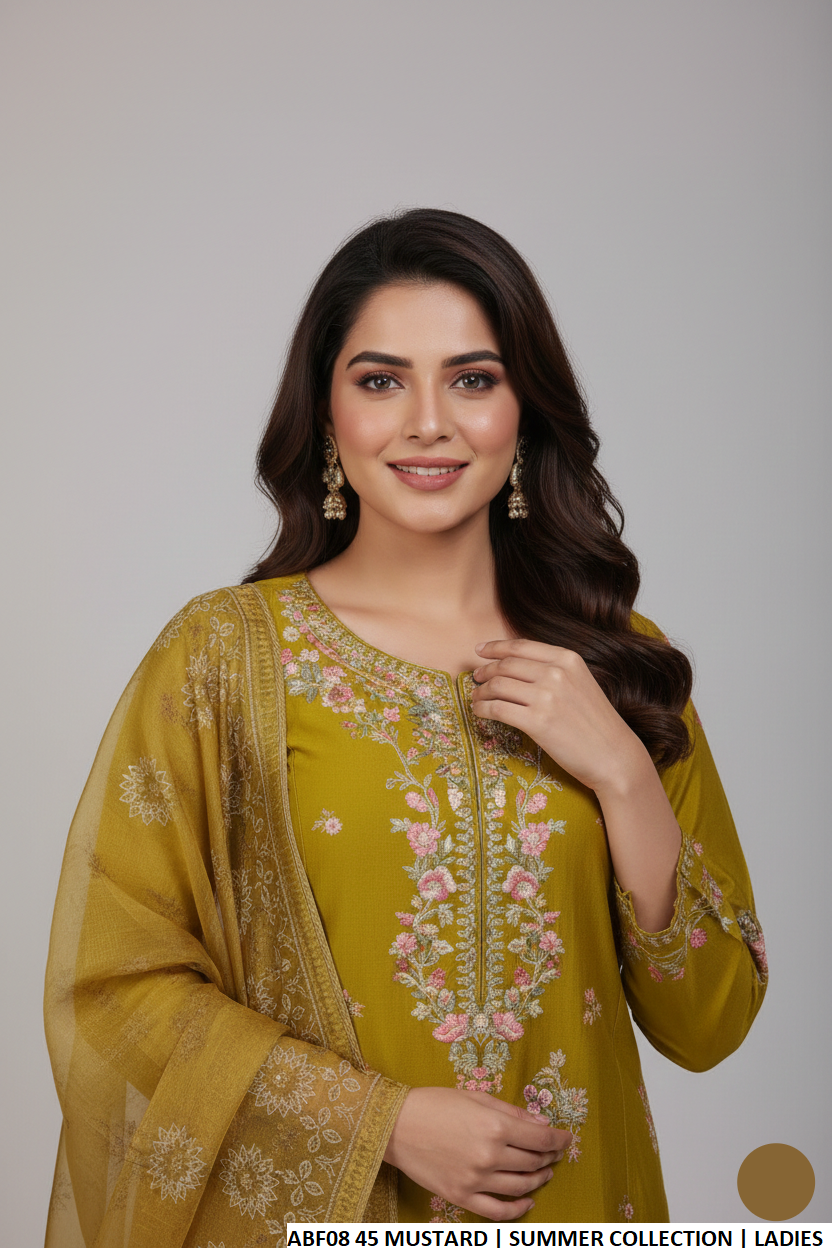 Mustard yellow cotton Pakistani women's straight shirt with farshi shalwar side view