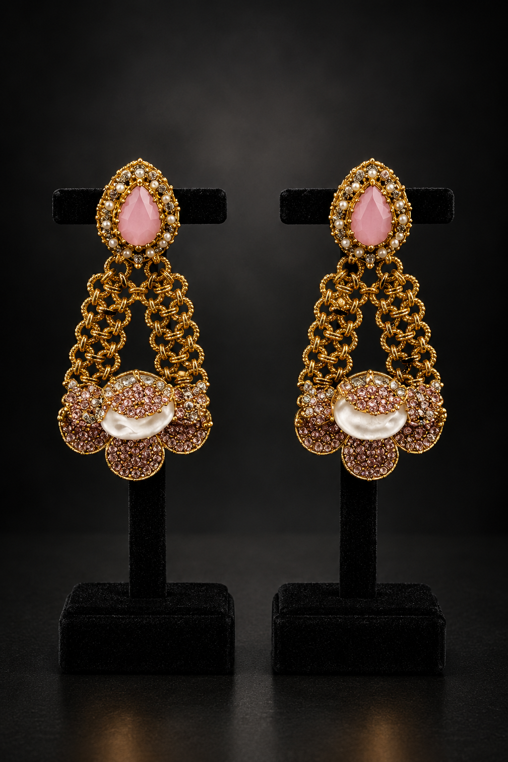 JW178 – Pink Stone Gold-Tone Floral Chandelier Earrings