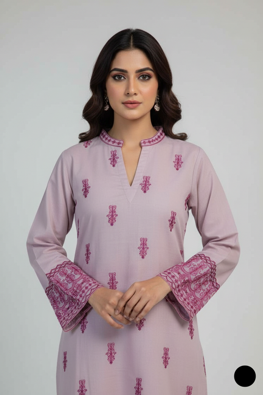 Lilac silk Pakistani women's short shirt with farshi shalwar side view