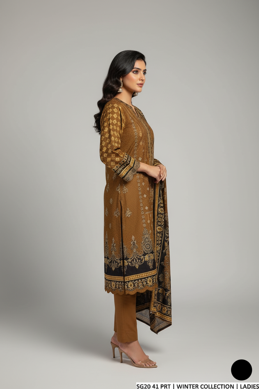 SG20 41 Sulb Khaddar straight shirt with digital khaddar shawl - Pakistani winter 3-piece back view