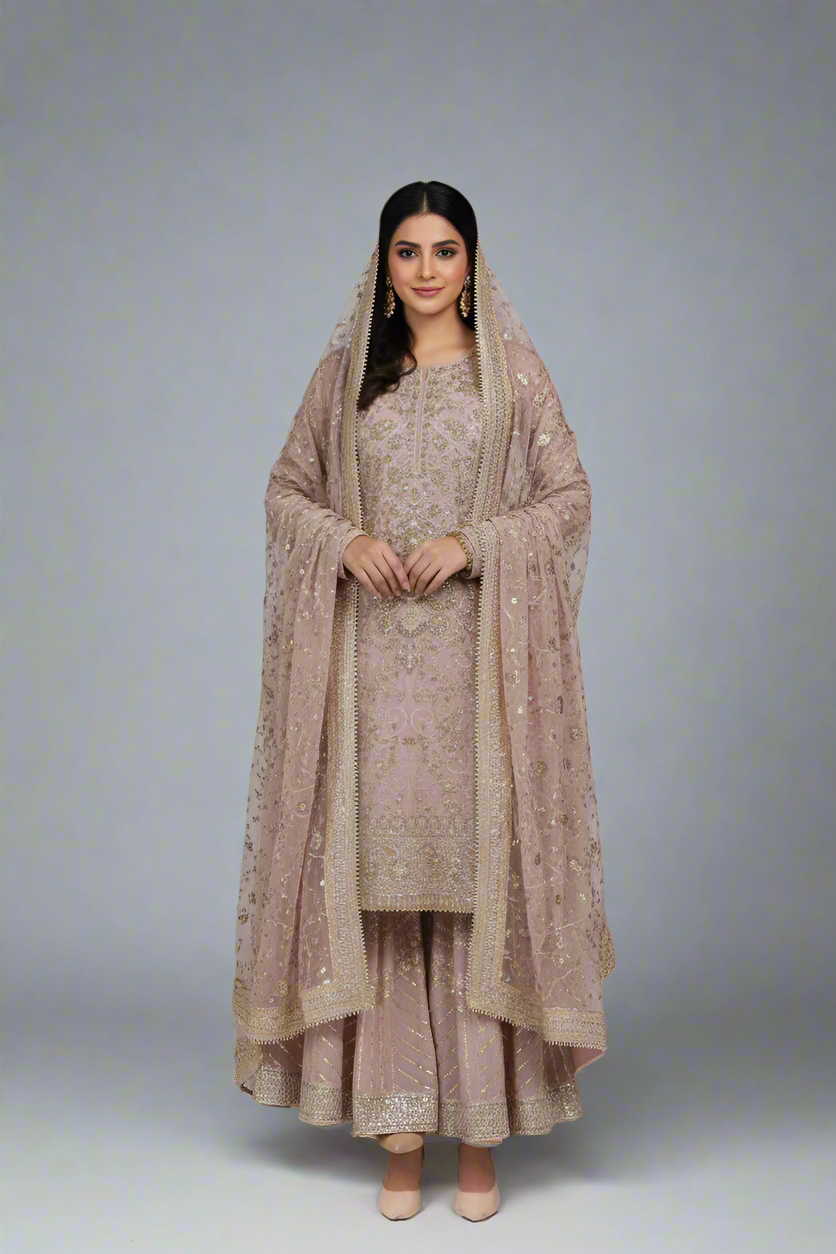 Organza straight shirt tea pink - Pakistani women's elegant formal wear with viscose trouser and organza dupatta front view