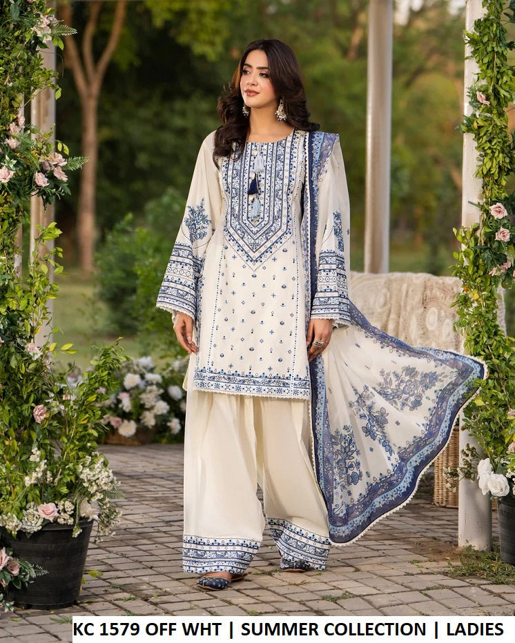 KC Sunehri 1579 Off White - Off White Embroidered Chiffon 3-Piece Women's Pakistani Suit