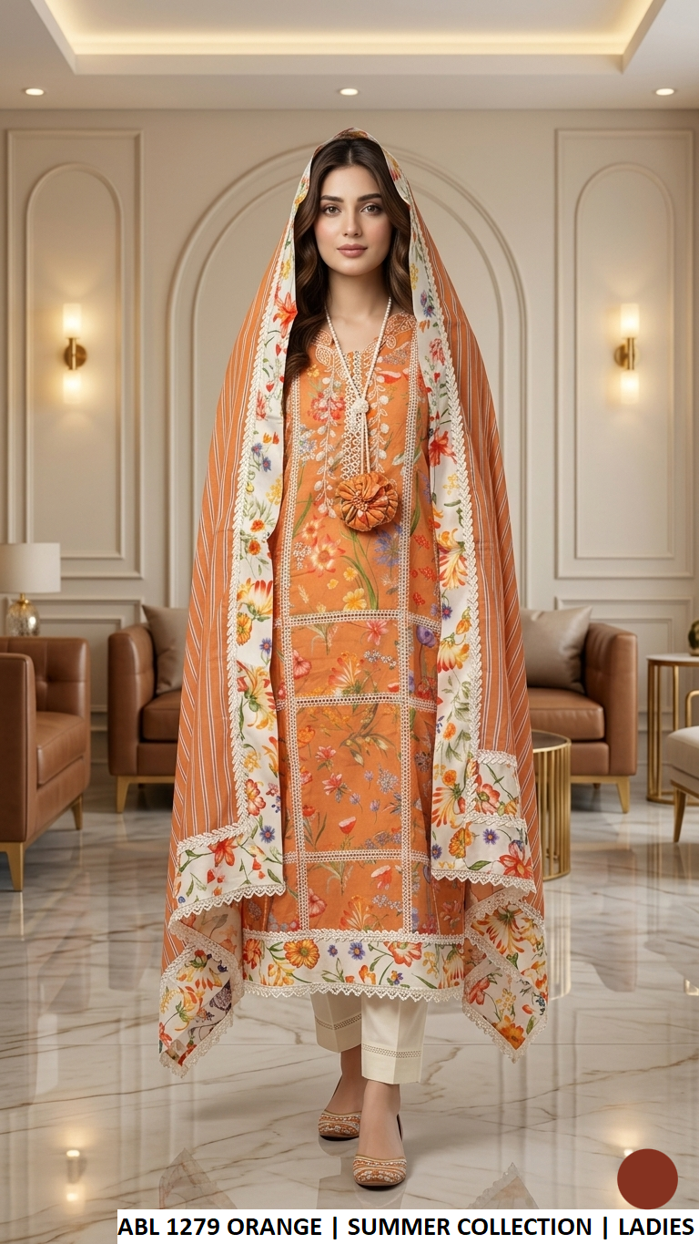 ABL 1279 ORANGE - Orange Poly Lawn Straight 3-Piece Women's Pakistani Suit