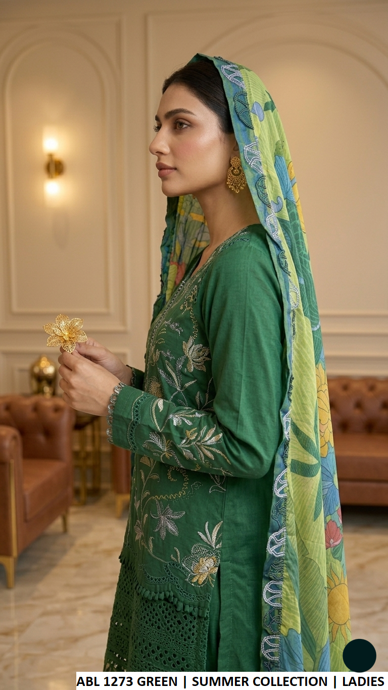 ABL 1273 GREEN - Green Cotton Straight 3-Piece Women's Pakistani Suit