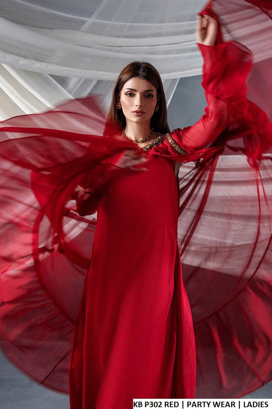 Red chiffon Pakistani women's open gown side view