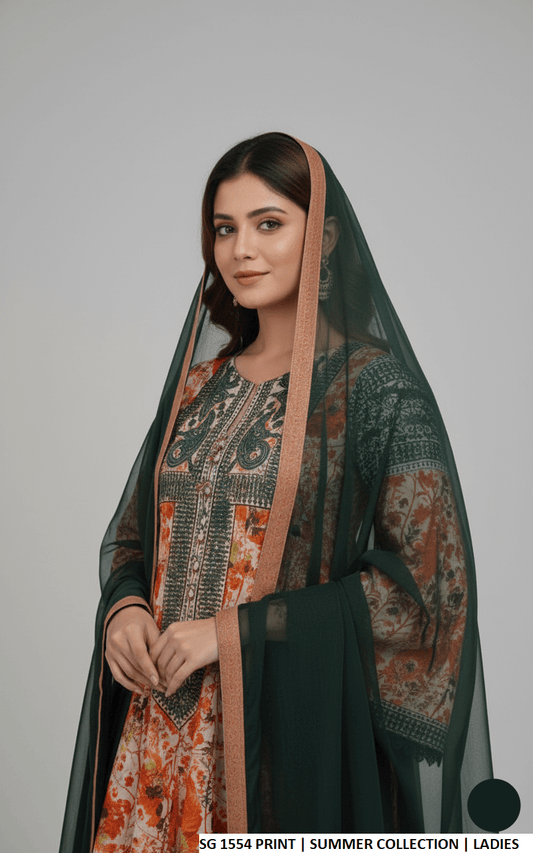 Pakistani women's lawn long frock printed casual outfit side view
