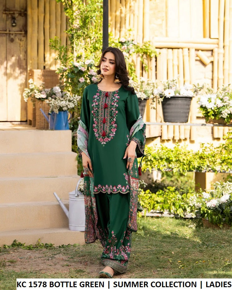 KC Sunehri 1578 Bottle Green - Bottle Green Chiffon Embroidered 3-Piece Women's Pakistani Suit