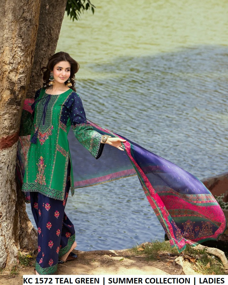 KC Sunehri 1572 Teal Green - Teal Green Silk 3-Piece Women's Ready to Wear Pakistani Suit