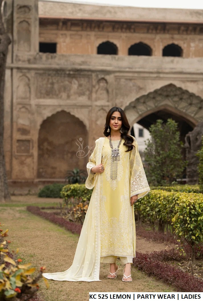 Georgette straight shirt plazo lemon yellow - Pakistani women's embroidered semi-formal outfit with embroidered chiffon dupatta front view