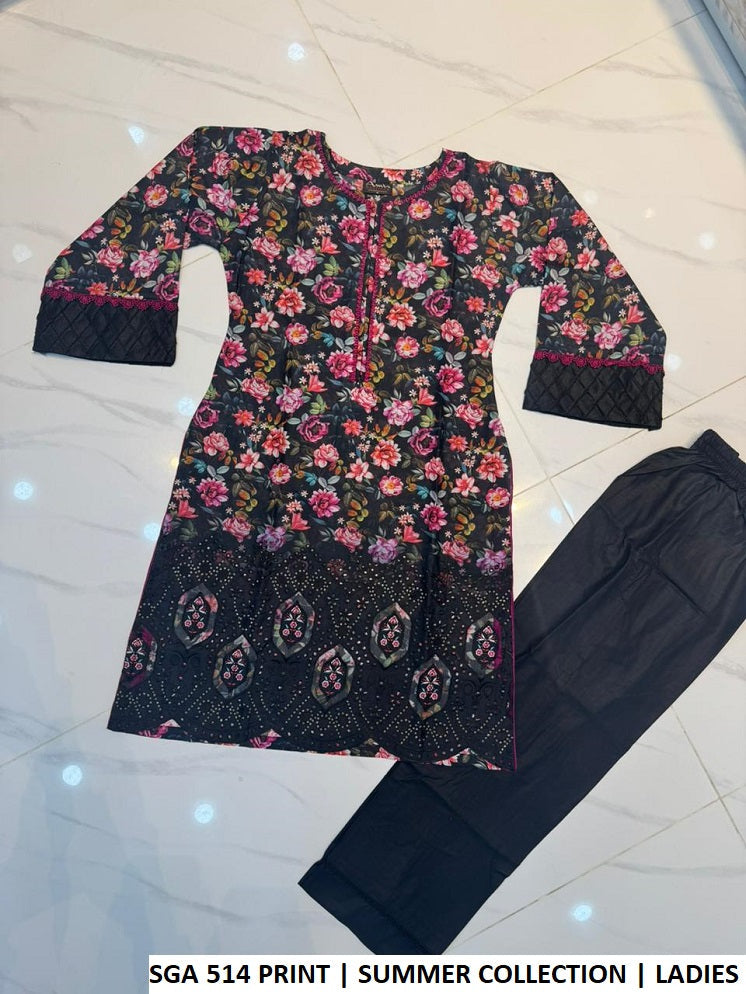 Pakistani women's lawn A-Line printed casual outfit back view