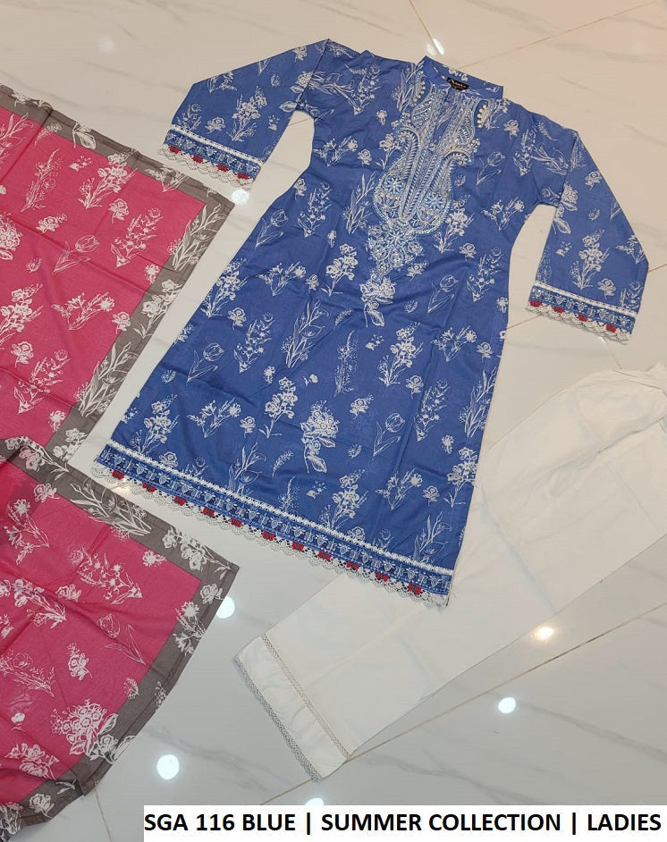 Pakistani women's blue lawn A-Line casual outfit back view