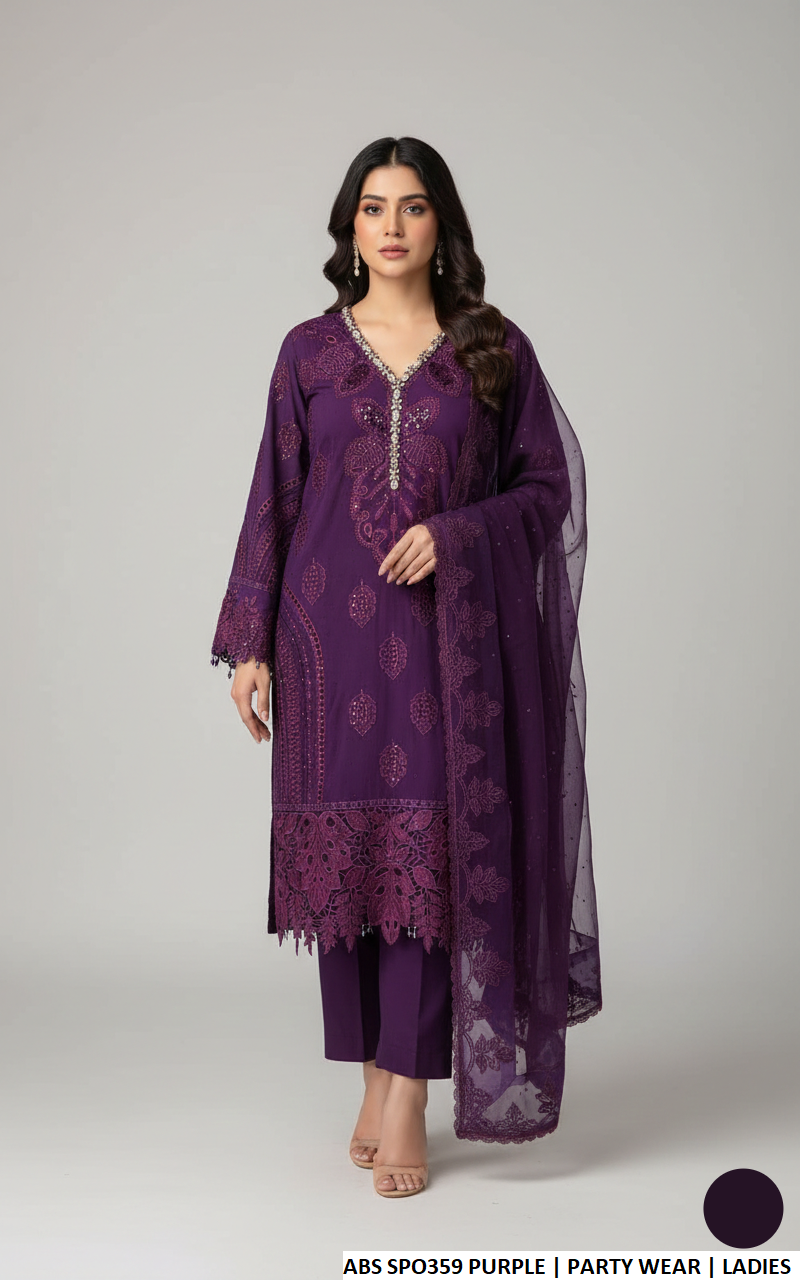 Chiffon straight shirt purple - Pakistani women's formal party wear with viscose trouser and chiffon dupatta front view