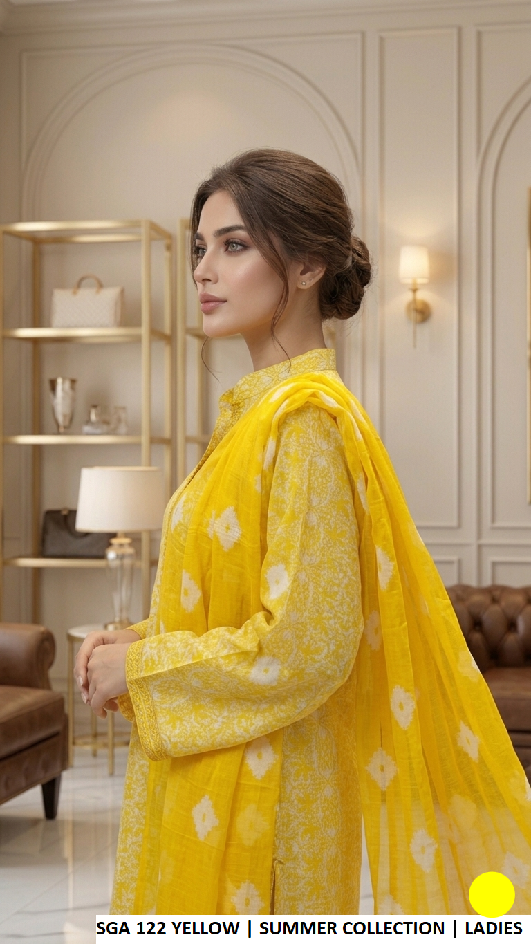 SGA 122 YELLOW - Yellow Lawn 3-Piece Women's Plazo Suit Pakistani Fashion