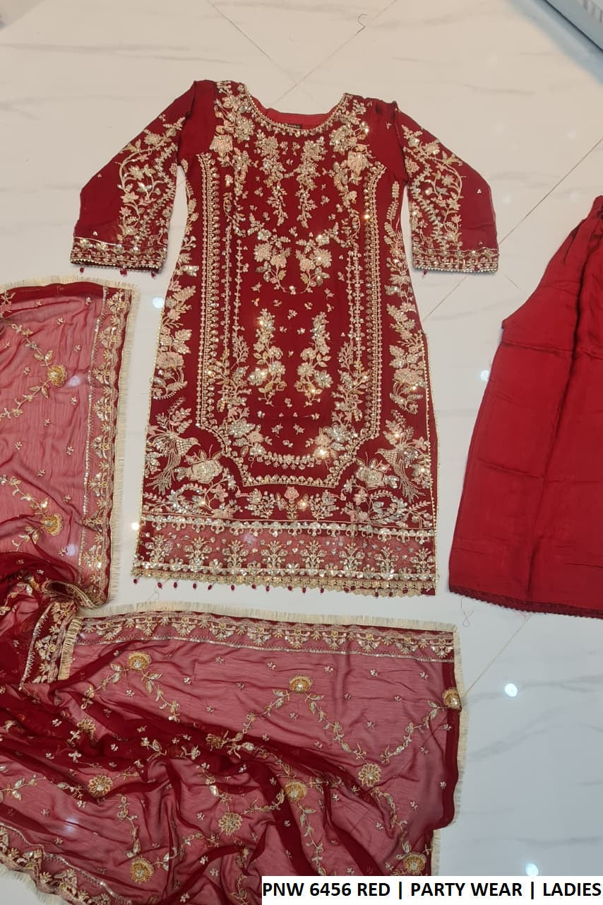 Pakistani women's red chiffon straight shirt casual outfit back view