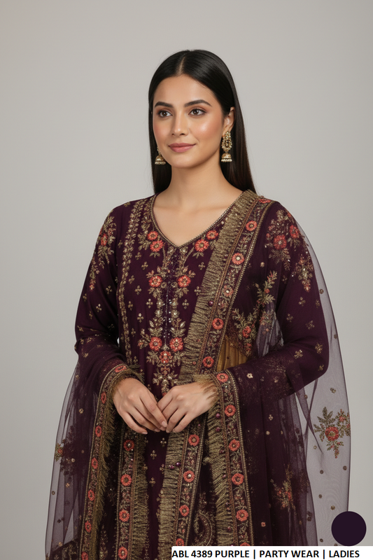 Purple chiffon Pakistani women's shirt with plazo side view