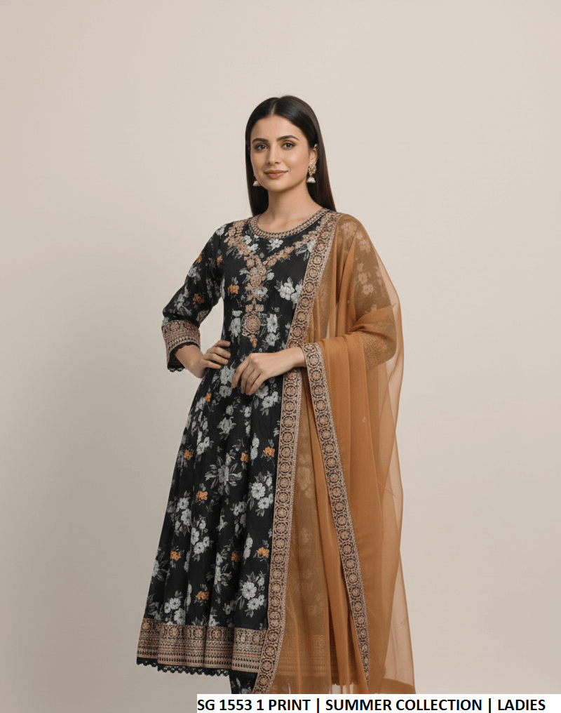 Lawn long frock printed - Pakistani women's summer casual outfit with lawn trouser and chiffon dupatta front view