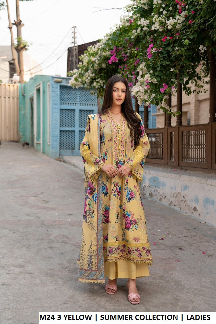 M24 3 PRINT - Elegant Printed Lawn 3-Piece Women's Long Frock with Plazo