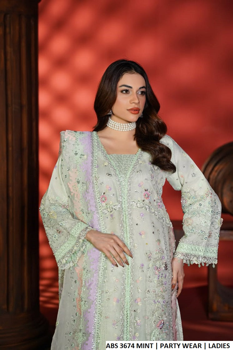 Mint organza Pakistani women's straight open shirt side view