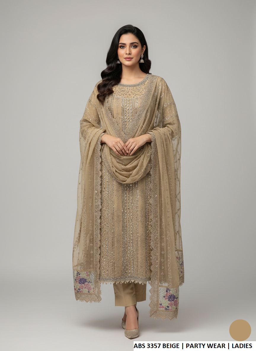 Chiffon straight shirt beige - Pakistani women's elegant formal wear with grip trouser and chiffon dupatta front view