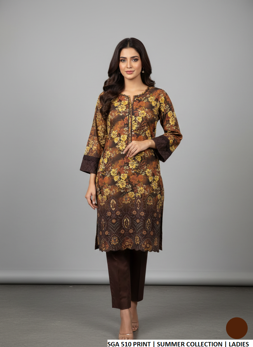 Lawn straight printed shirt - Pakistani women's casual summer outfit with cotton trouser front view