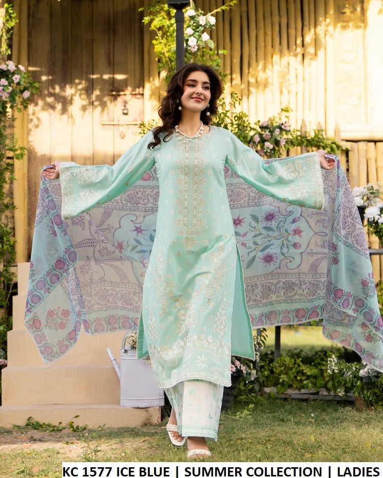 KC Sunehri 1577 Ice Blue - Ice Blue Cotton Embroidered 3-Piece Women's Pakistani Suit