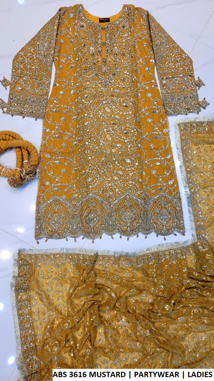 ABS 3616 MUSTARD - Mustard Chiffon Straight 3-Piece Women's Pakistani Suit
