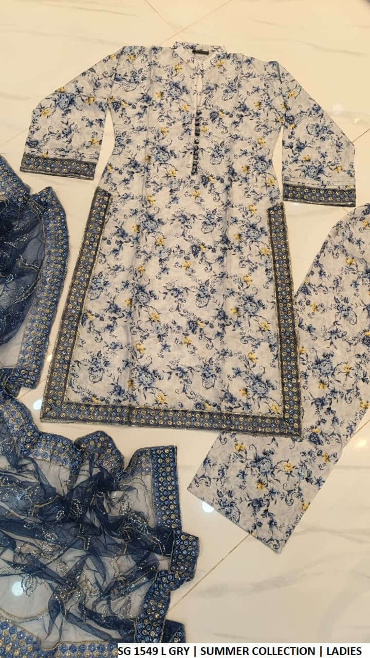 Pakistani women's lawn A-Line printed casual outfit back view