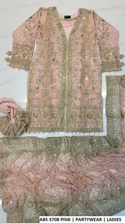 ABS 3708 PINK - Pink Chiffon Open Shirt with Plazo 3-Piece Pakistani Suit