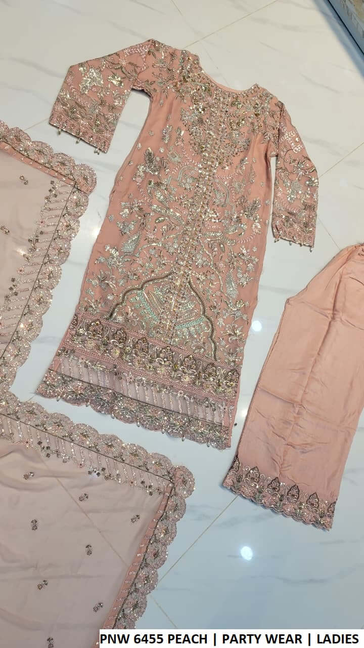 PNW 6455 PEACH chiffon Pakistani women's straight shirt party wear back view