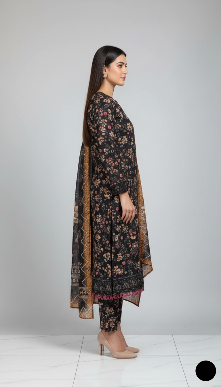 Pakistani women's lawn A-Line printed casual outfit detail view