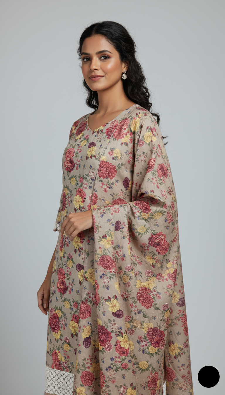 Pakistani women's lawn A-Line printed casual outfit detail view
